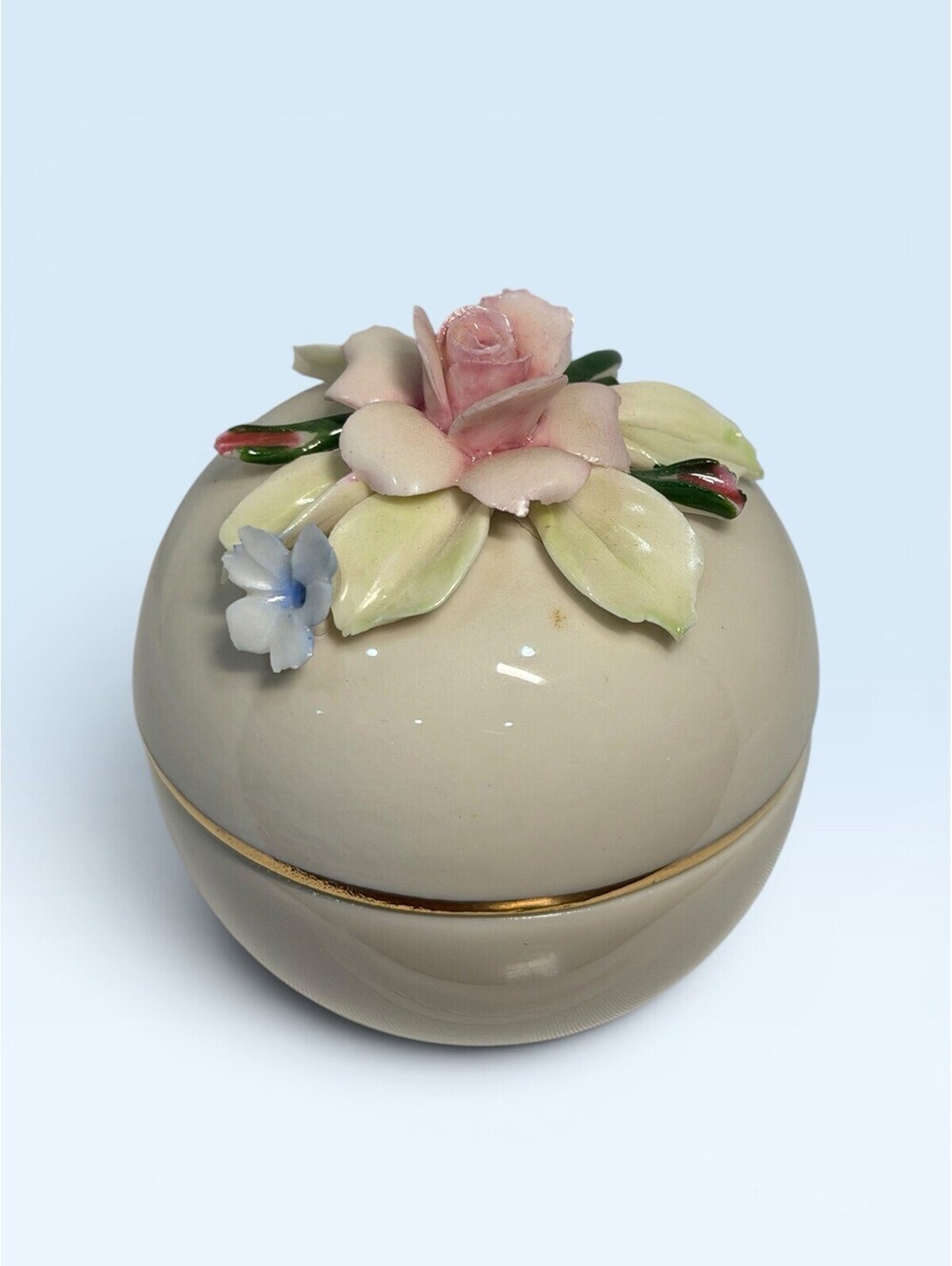 Vintage Capodimonte Hand Painted Rose Flower Lidded Dish Trinket Box Italy
